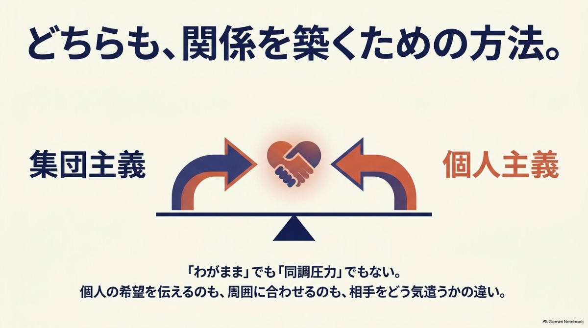 集団主義と個人主義はどちらも関係を築くための方法であることを示す図