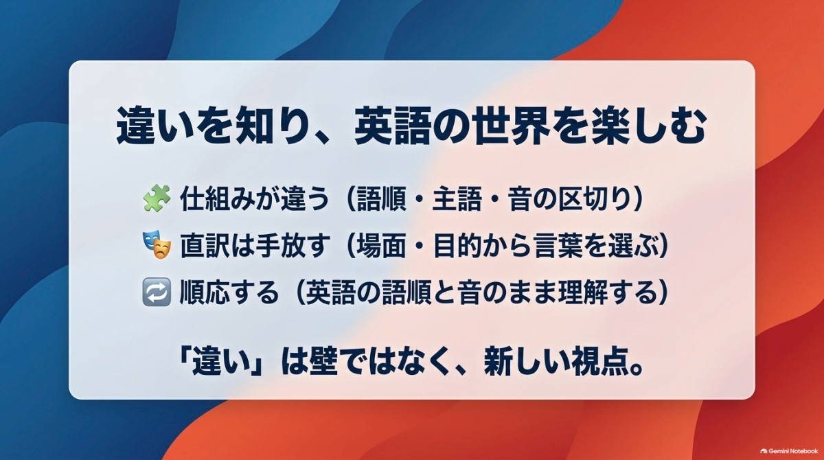 言語の違いを理解することで、新しい視点として英語の世界を楽しむことを伝える総括スライド