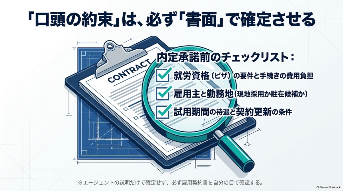 内定承諾前に書面で確定させるべきチェックリストの例