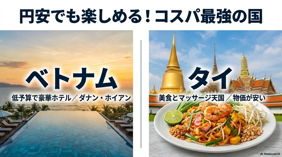 ベトナムとタイを紹介する円安でも楽しめるコスパ最強の国のスライド