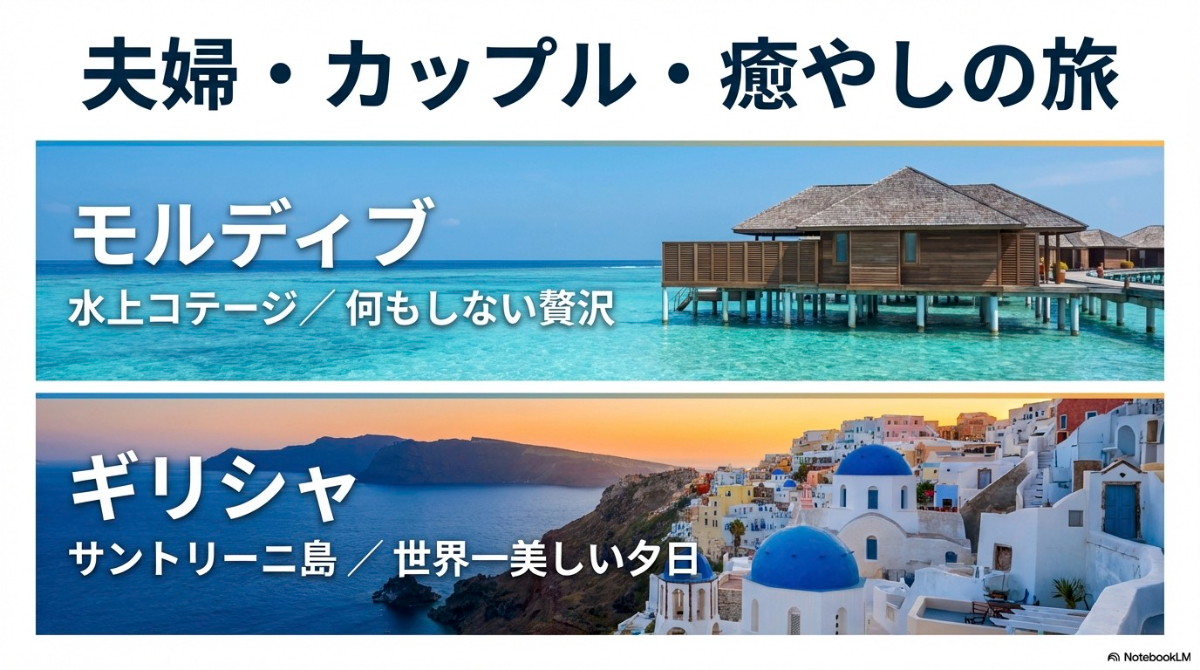 モルディブの水上コテージとギリシャ・サントリーニ島の夕日を紹介するカップル旅行向けスライド