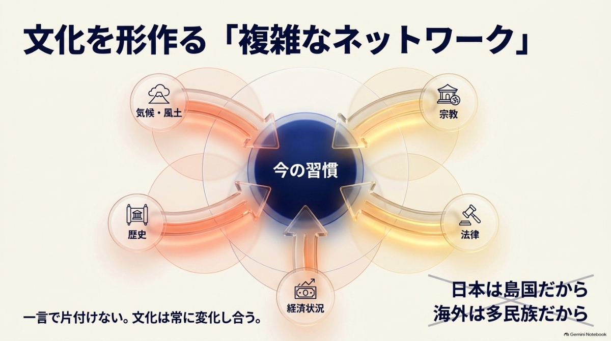 文化は多様な要素などが絡み合う複雑なネットワークであり、一言で片付けられないことを示す図