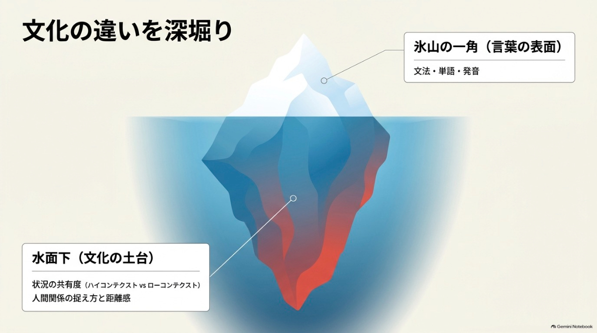 言語は水面上の氷山の一角に過ぎず、水面下には「ハイコンテクスト vs ローコンテクスト」などの文化の土台があることを示す図