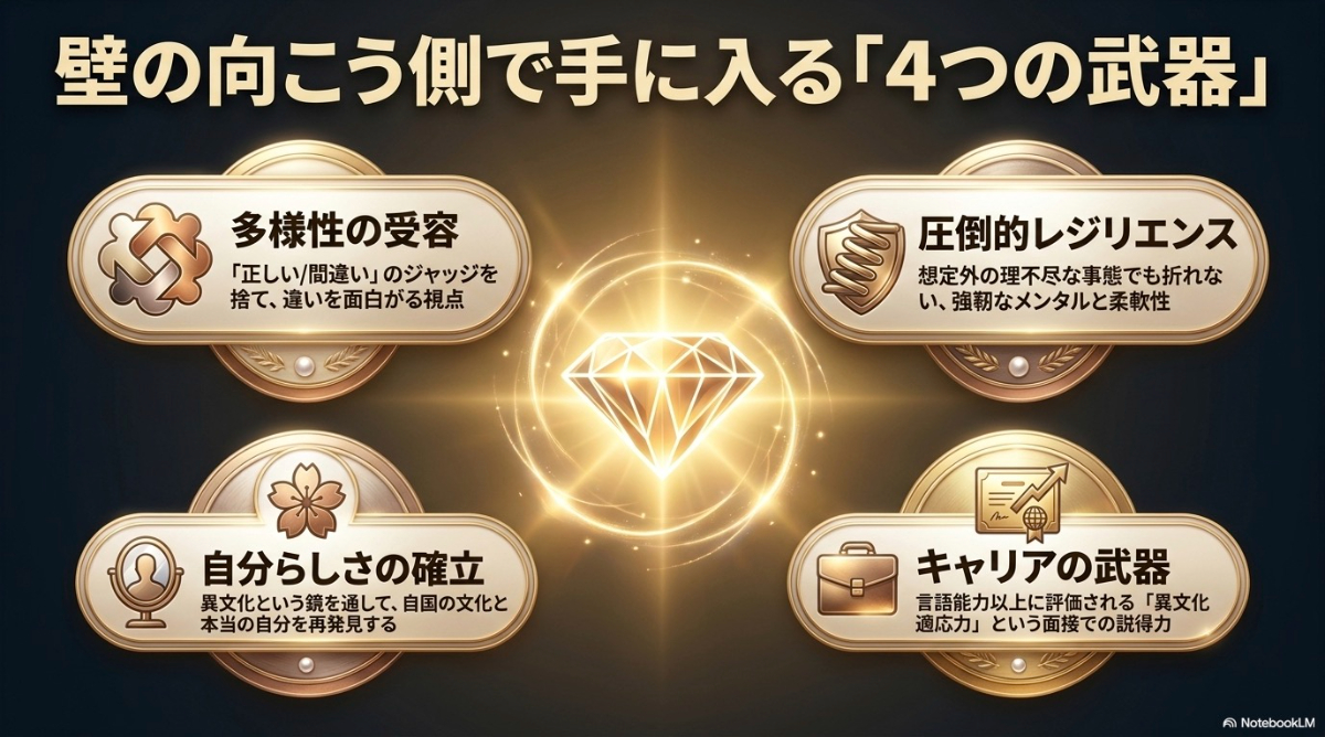 カルチャーショックを乗り越えることで得られる多様性の受容、レジリエンス、自分らしさの確立、キャリアの武器という4つのメリット