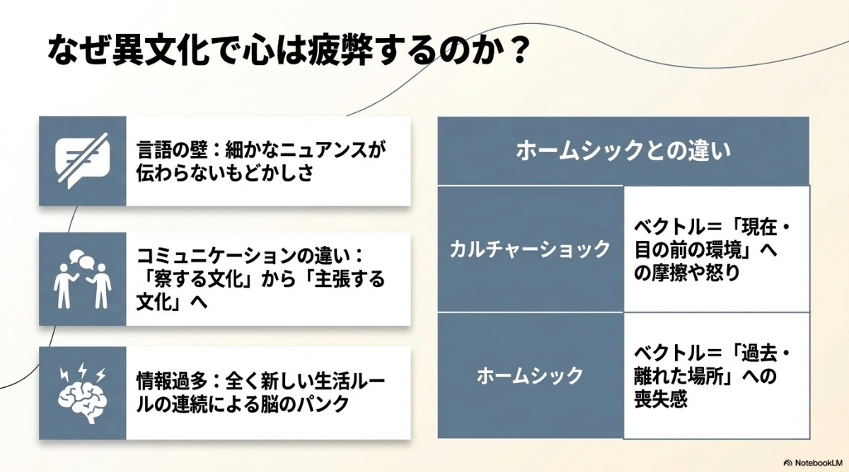 異文化環境でストレスを感じる主な要因と、ホームシックとカルチャーショックの心理的な違い