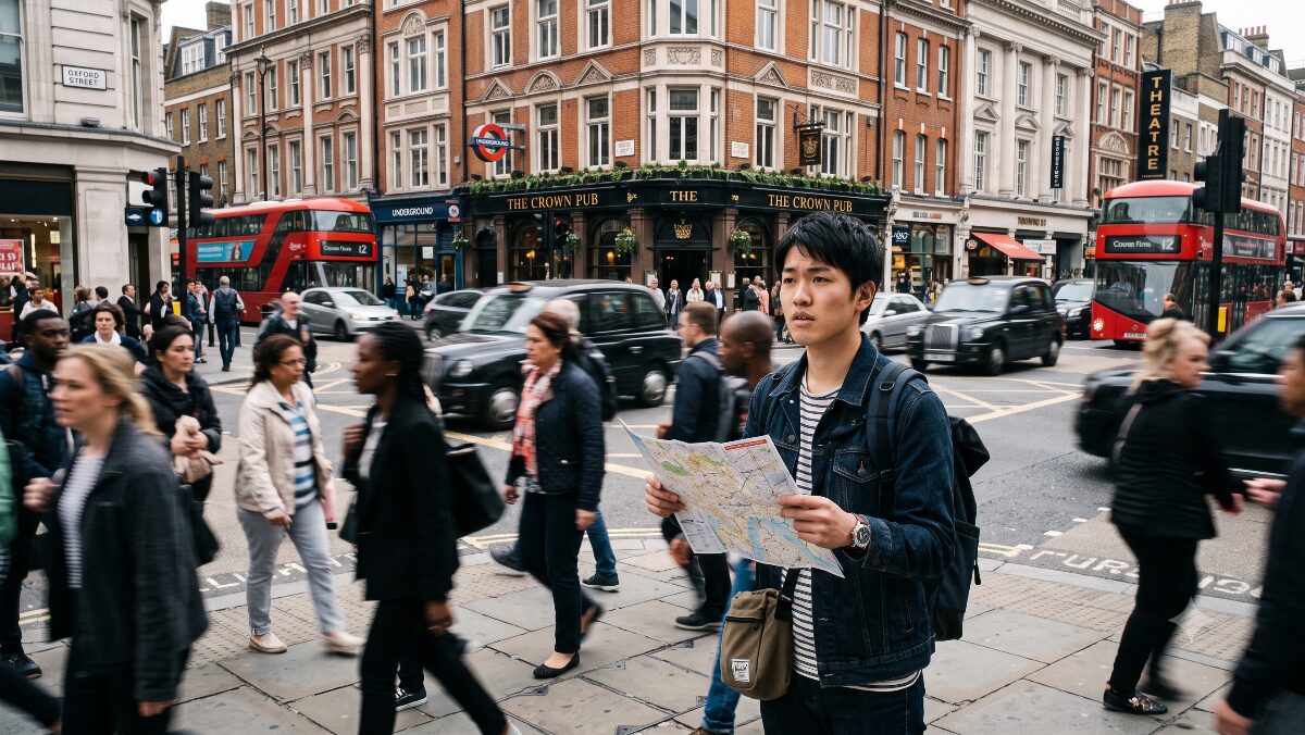 異文化の街角に立ち、見慣れない風景や習慣の違いに戸惑いを感じる日本人男性