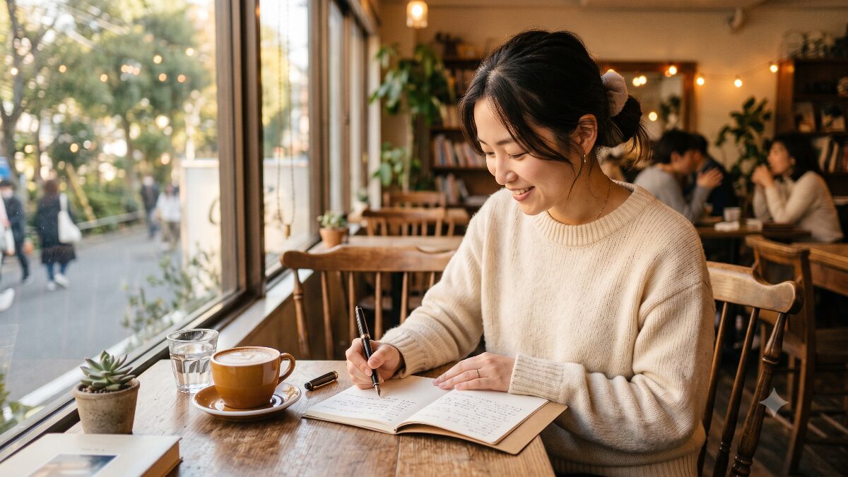カフェでリラックスしながら日記を書き、感情を整理して異文化ストレスを乗り越える日本人女性