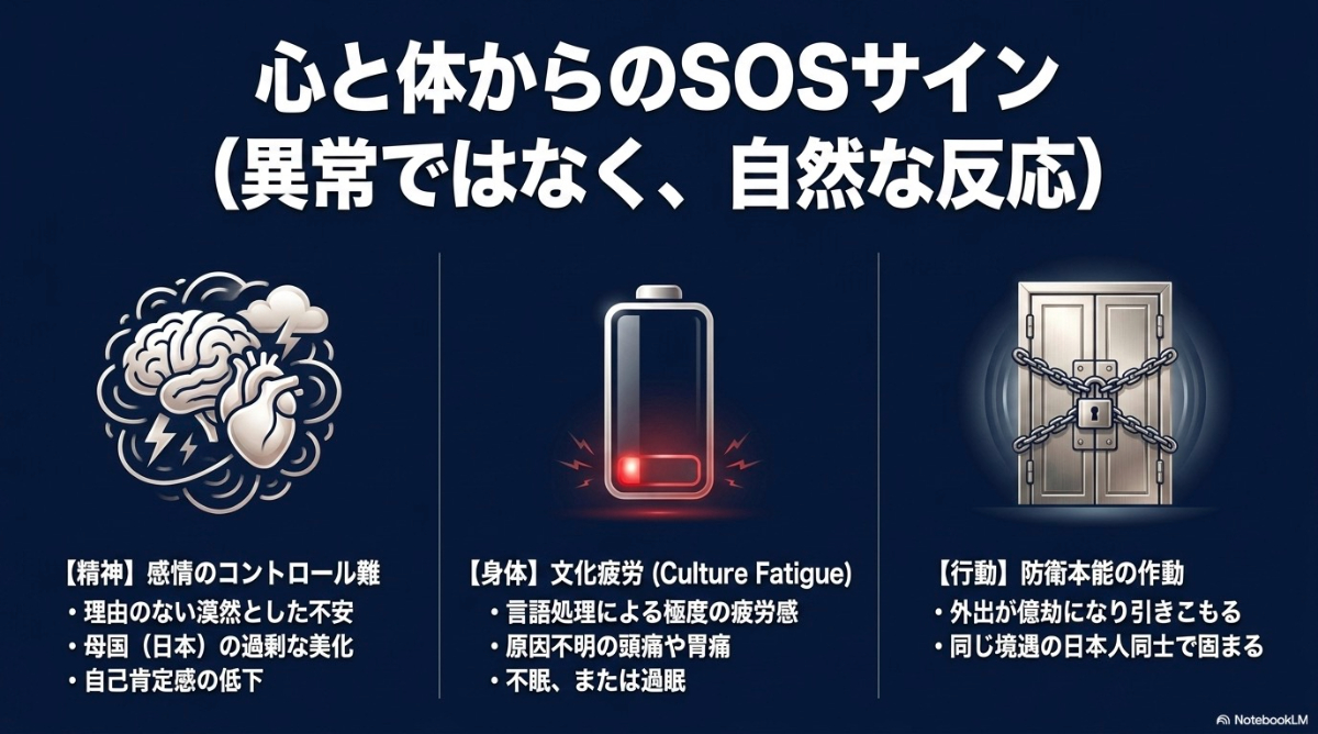カルチャーショックによって引き起こされる精神面、身体面、行動面での具体的な傾向やサイン