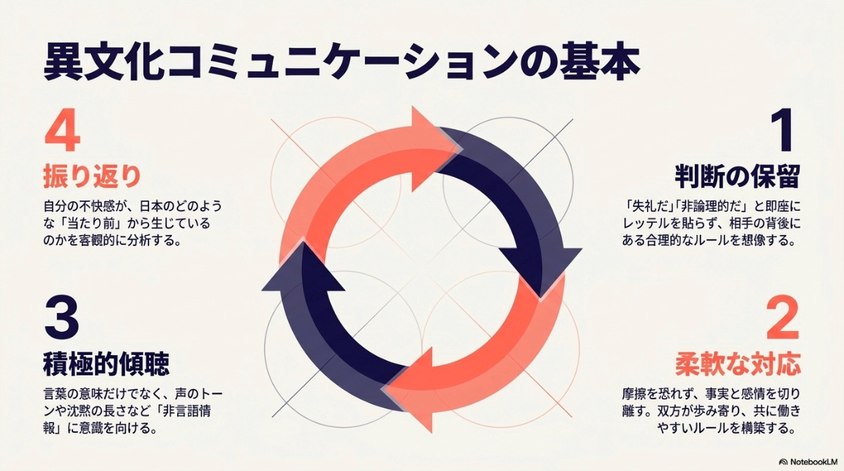 異文化コミュニケーションの基本である「判断の保留」「柔軟な対応」「積極的傾聴」「振り返り」の4つのサイクル図