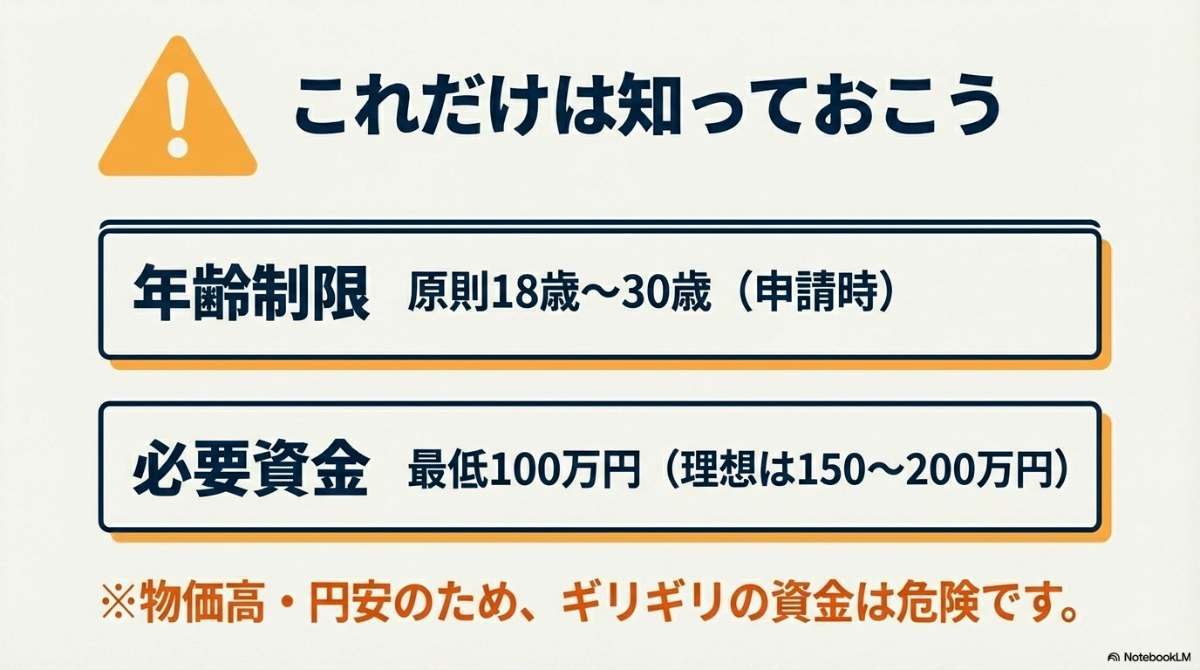 ワーキングホリデーの基本的な年齢制限(18〜30歳)と必要資金(最低100万円〜)を説明した図