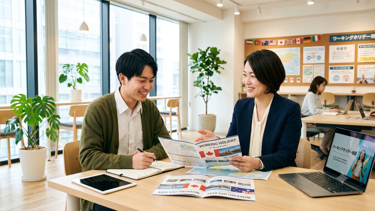 留学エージェントのオフィスで担当カウンセラーからワーホリの親身なサポートを受ける日本人男性