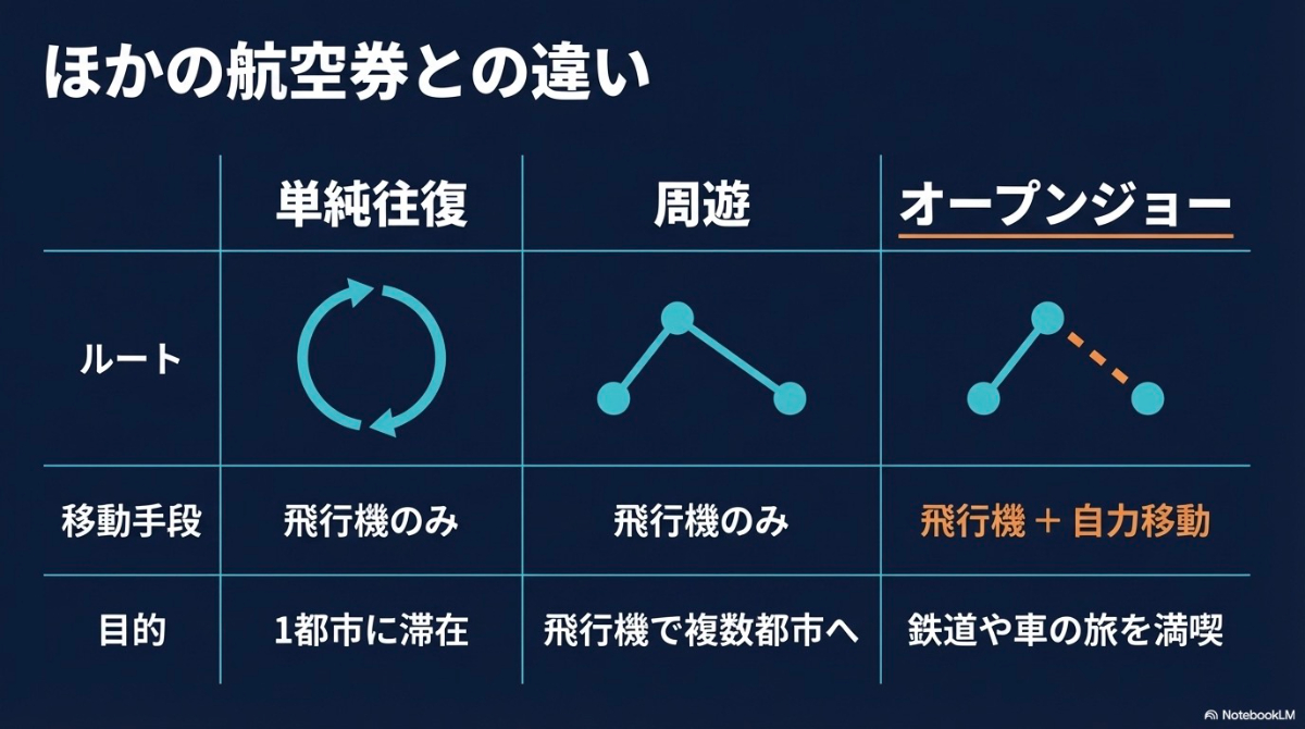 単純往復、オープンジョー、周遊航空券の移動手段や旅行の目的の違いを比較した表
