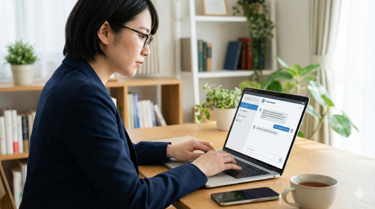 ビジネスシーンで役立つ英語メール作成や添削のために、パソコン上のAIチャットツールを活用して効率的に学習を進める日本人女性