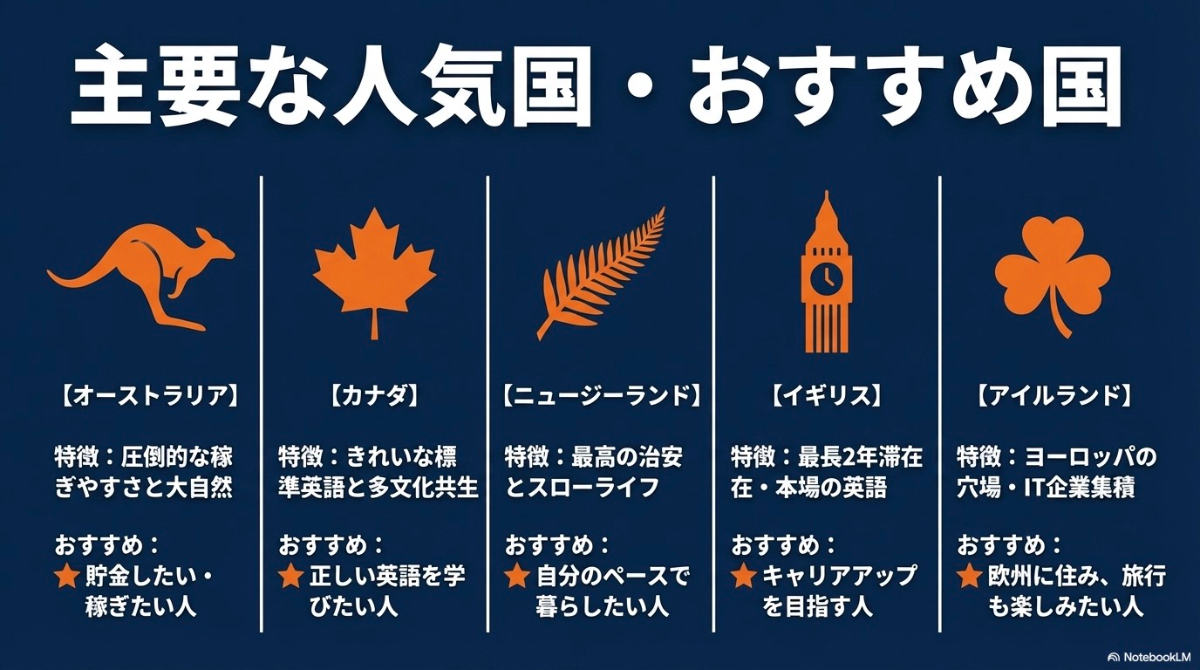 オーストラリア、カナダ、ニュージーランド、イギリス、アイルランドの各国の特徴とおすすめな人をまとめた図解