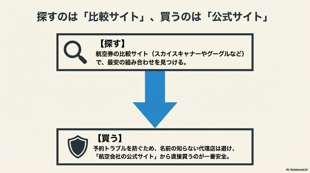 航空券を探す際は比較サイトを利用し、購入する際は安全な公式サイトを推奨する図解
