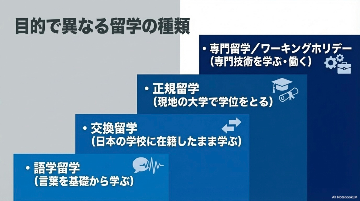 語学留学、交換留学、正規留学、専門留学といった目的別に留学の種類をまとめた表。