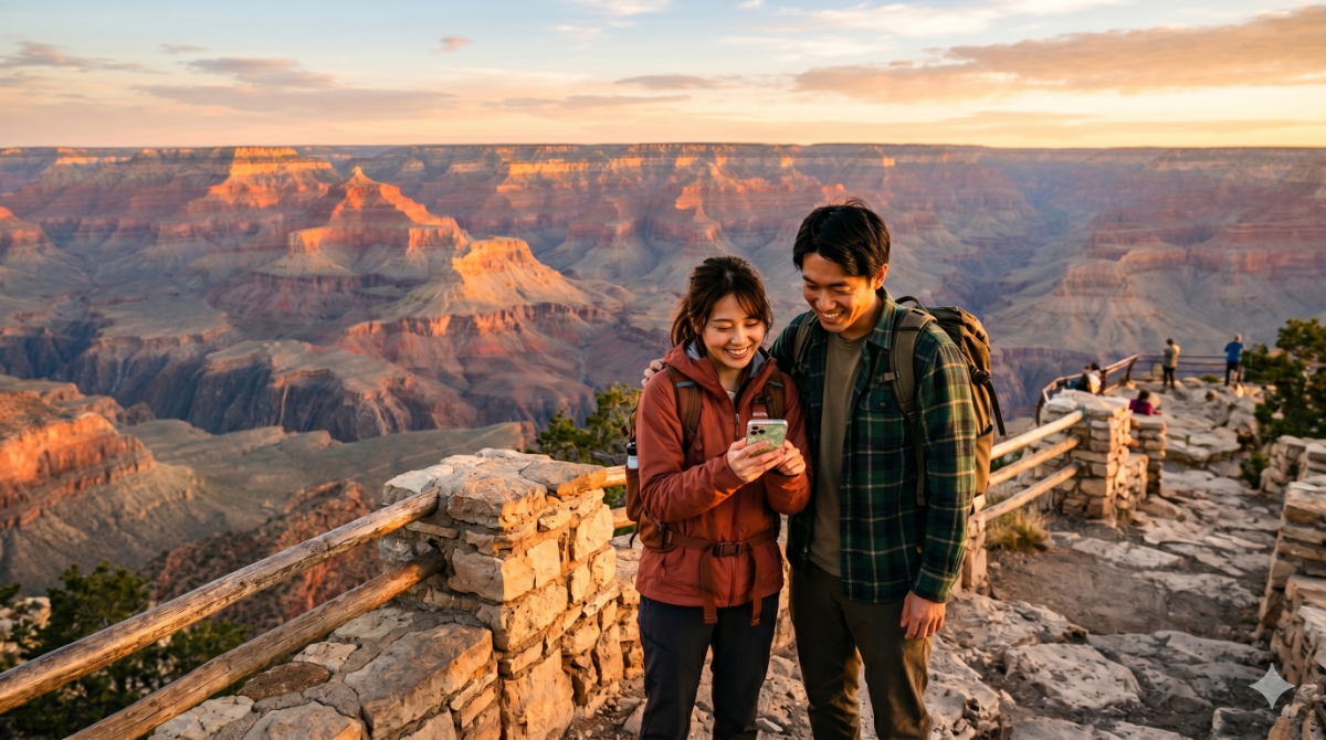 アメリカの大自然を背景に、日本人カップルがスマートフォンで地図を確認しながら楽しそうに話している様子。