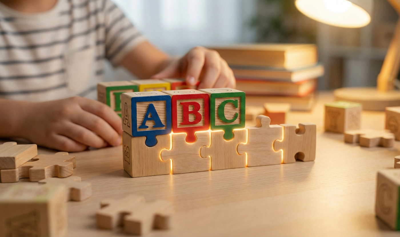 英語スペルの覚え方や基本ルールを学ぶことを、アルファベットのブロックやパズルを組み立てる様子に例え、基礎から積み上げる楽しさを表現。