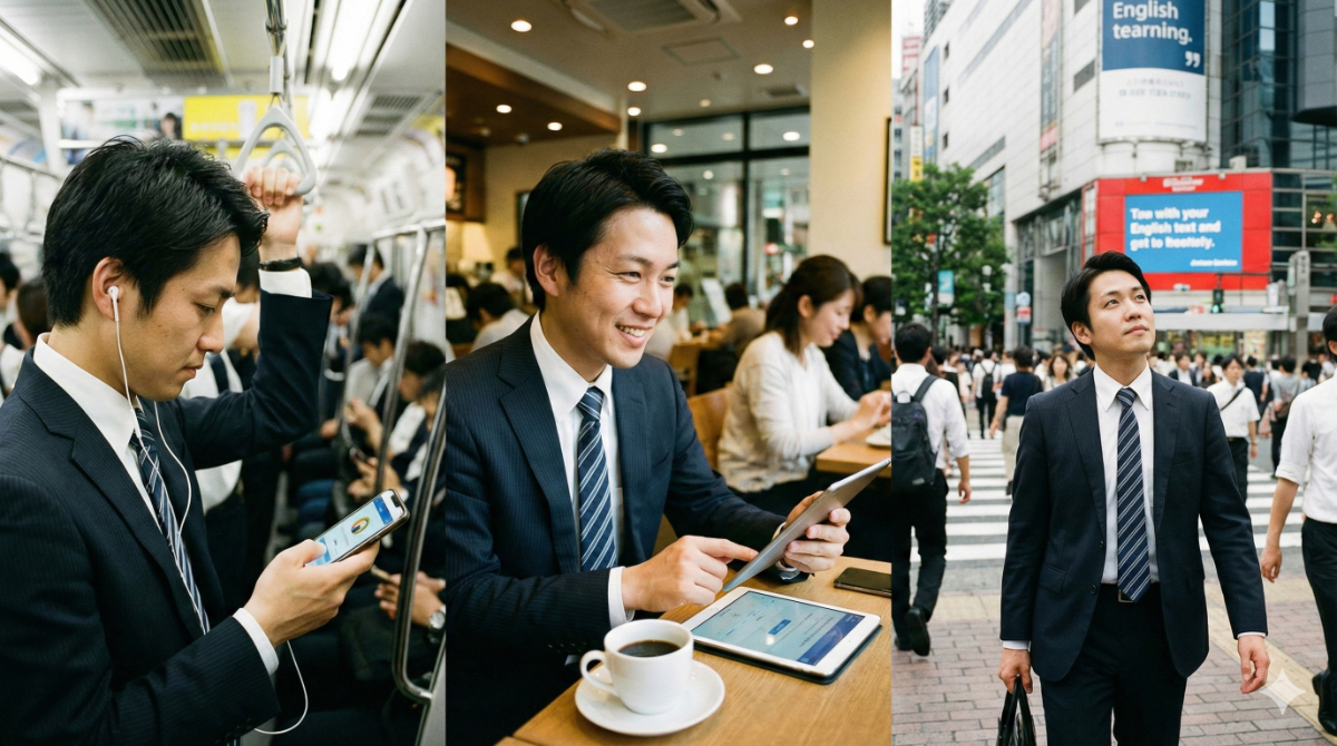 忙しい日常の隙間時間に、スマートフォンやタブレットを使って英語学習に取り組む日本人社会人の様子。