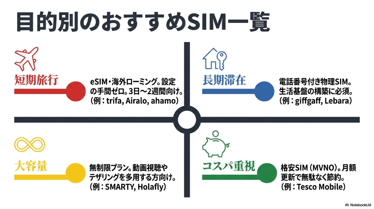 短期旅行、長期滞在、大容量、コスパ重視の4つの目的別におすすめのSIMを総括したスライド。