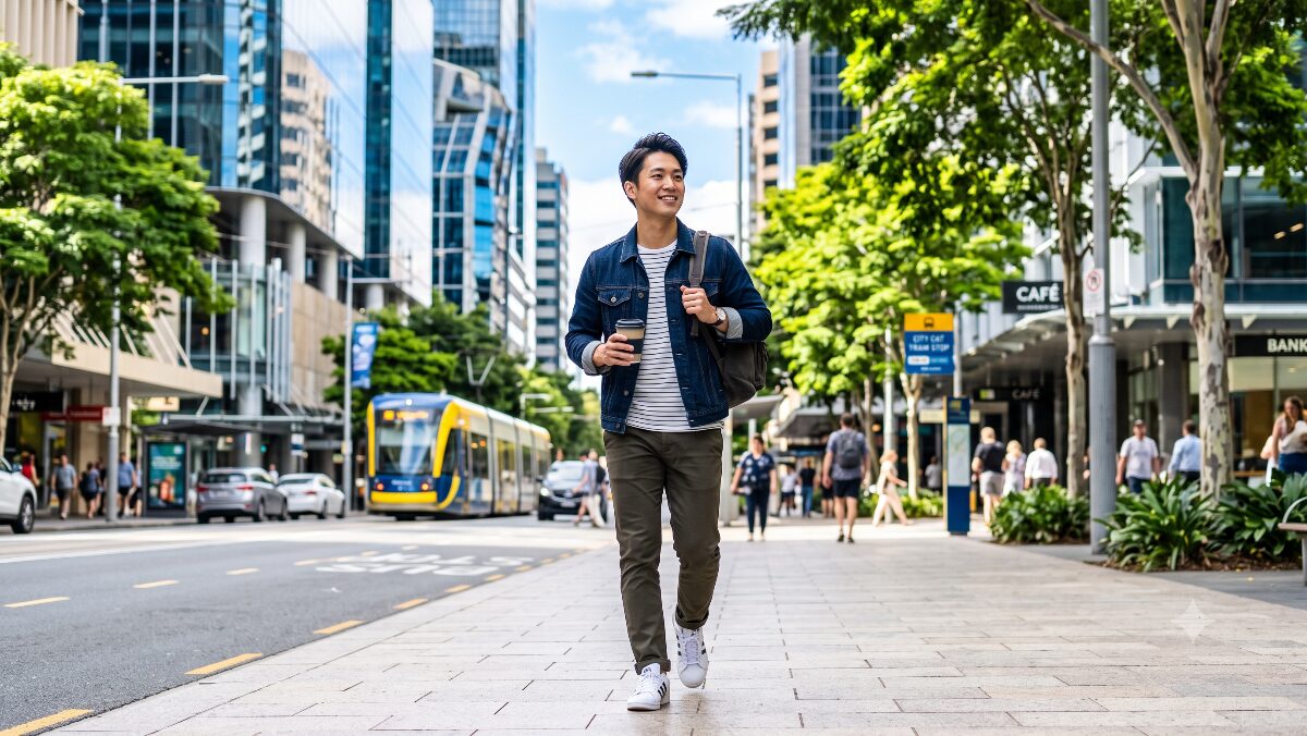 オーストラリアのワーホリで訪れた都市をリュックを背負って歩く日本人男性