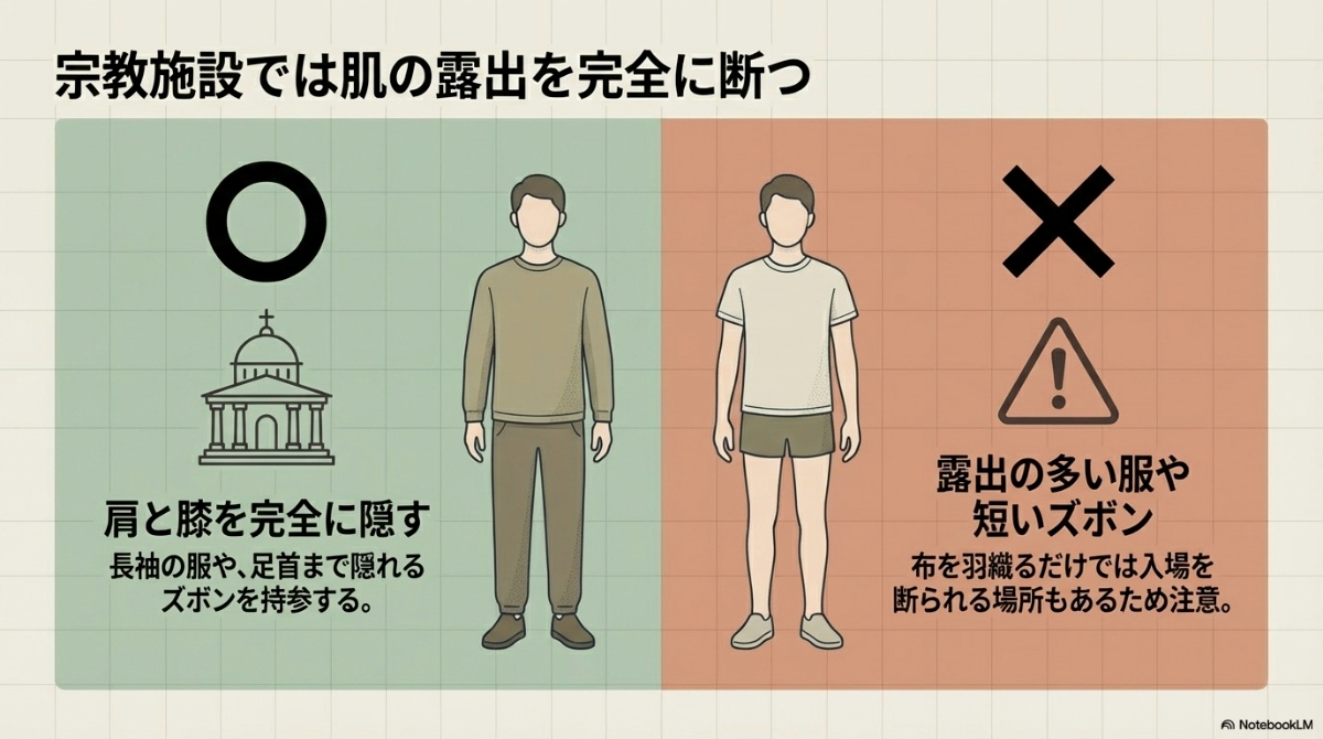 寺院などの宗教施設では、肩や膝の露出を避ける服装が求められることを示す注意喚起