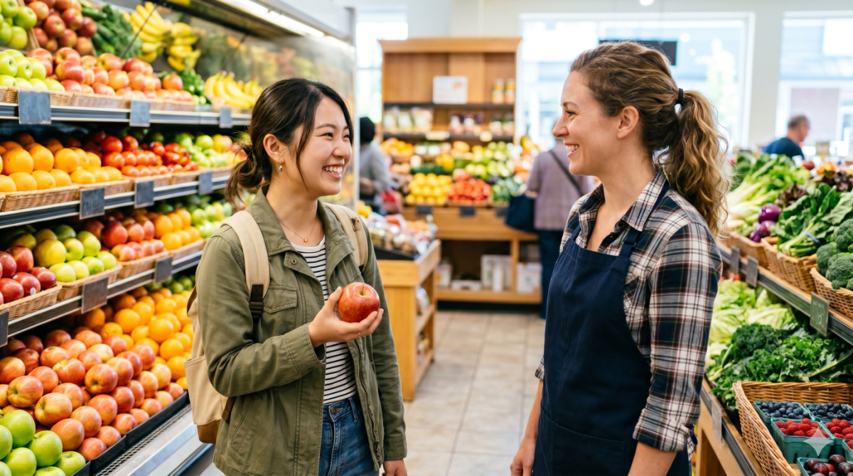 若い日本人留学生が、海外のスーパーマーケットで店員に英語で会話している様子