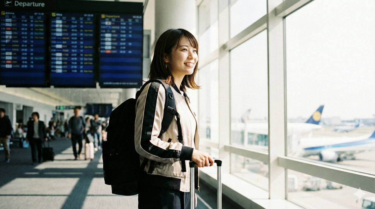 スーツケースを持って空港に立ち、ワーキングホリデーへの出発に胸を膨らませる日本人女性
