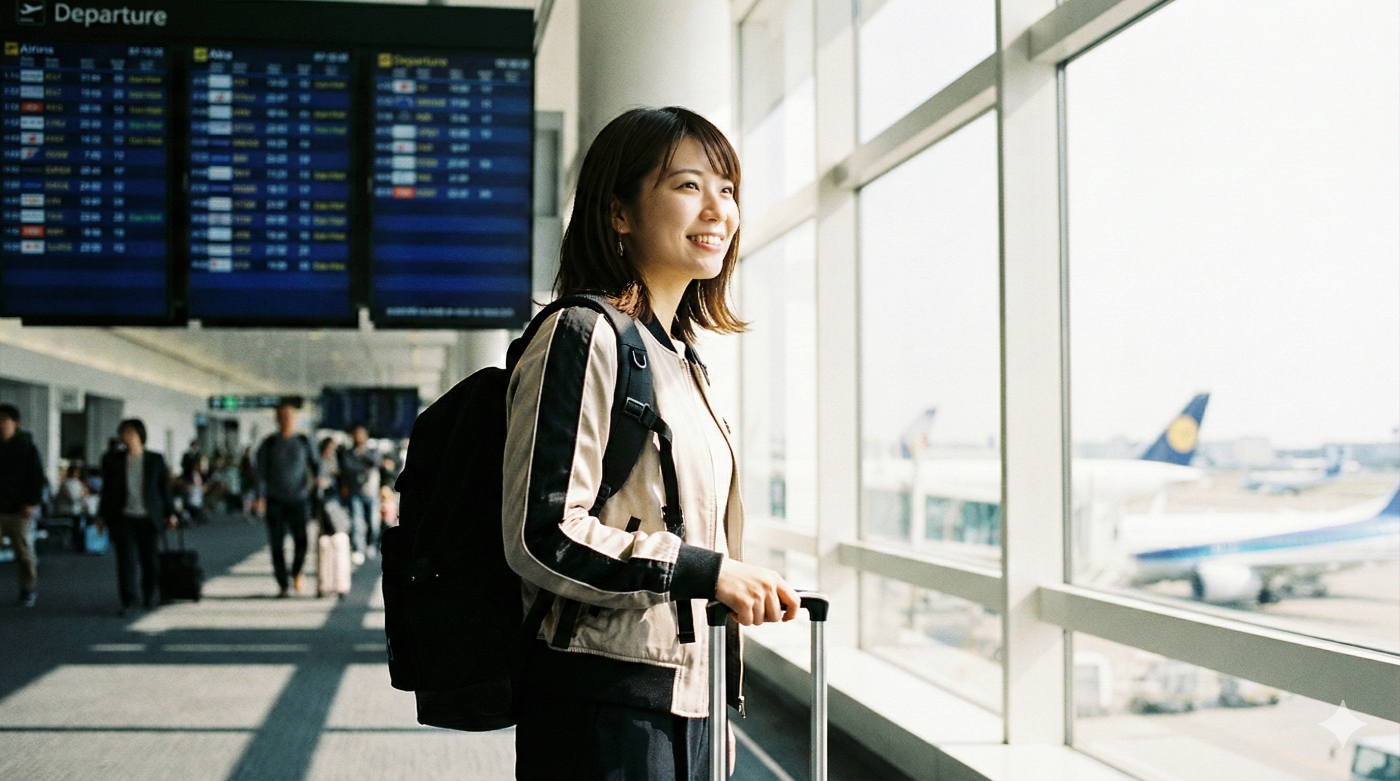 スーツケースを持って空港に立ち、ワーキングホリデーへの出発に胸を膨らませる日本人女性