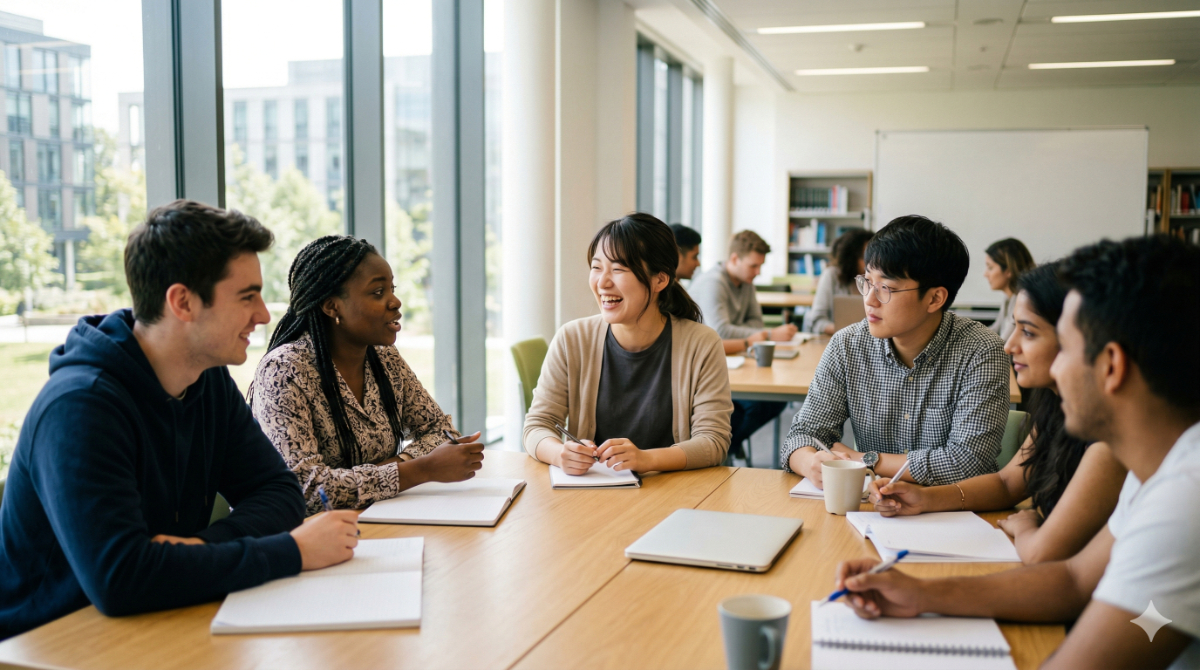 海外の語学学校で、多国籍な留学生と一緒に学ぶ日本人女性の様子