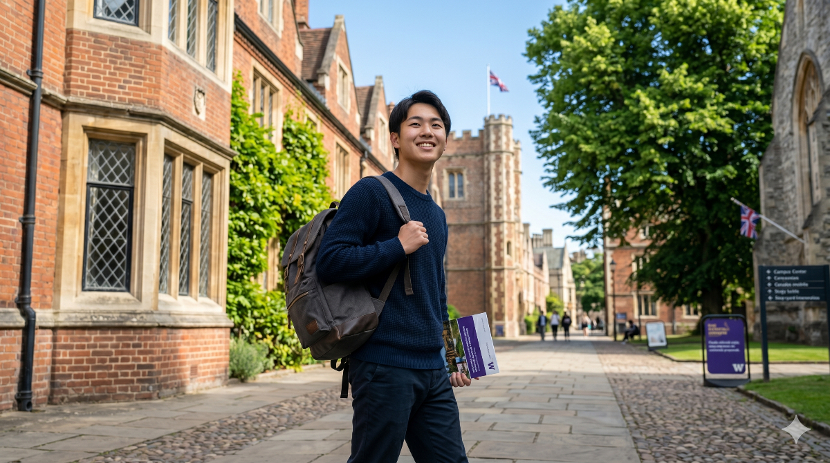 海外大学のキャンパスで誇らしげな表情で歩く日本人留学生