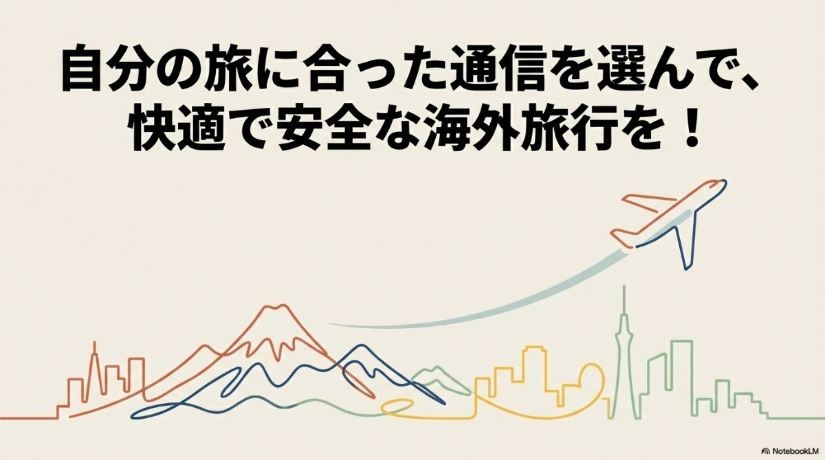 自分の旅に合った通信を選んで、快適で安全な海外旅行を!というメッセージと飛行機のイラストが描かれたスライド