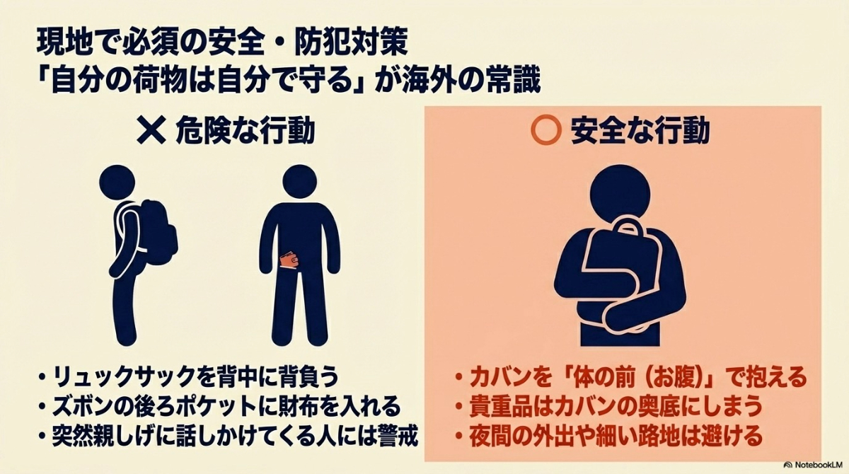カバンを体の前で抱える、夜間の細い路地を避けるなど現地で必須の安全対策