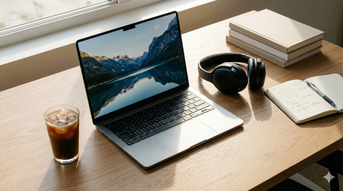 英語学習に活用するパソコン、ヘッドホン、ノートなどを配置したスタイリッシュなデスク周りの画像。