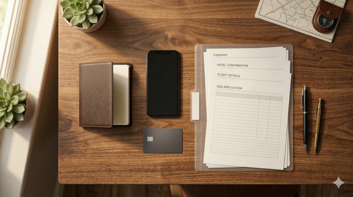 デスク上にパスポートや書類、 カードを配置し、万全な備えと渡航準備をイメージ。