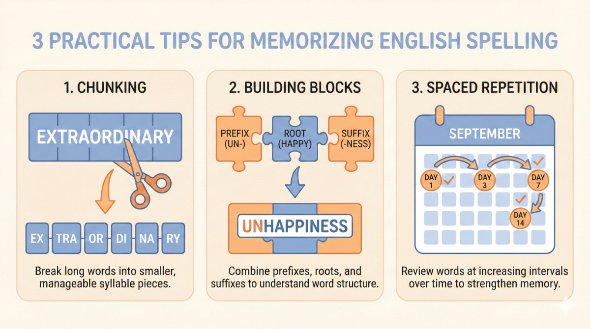 長い単語を音節で分解する方法、接頭辞や接尾辞の意味からパズルのように組み立てる方法、語呂合わせ、分散学習の重要性をイラストで解説したインフォグラフィック。