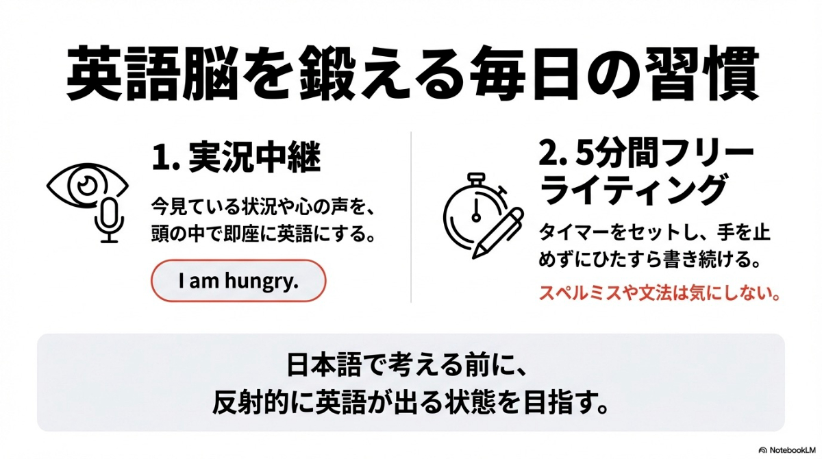 実況中継と5分間フリーライティングによる、英語脳を鍛えるための毎日の習慣トレーニング法。