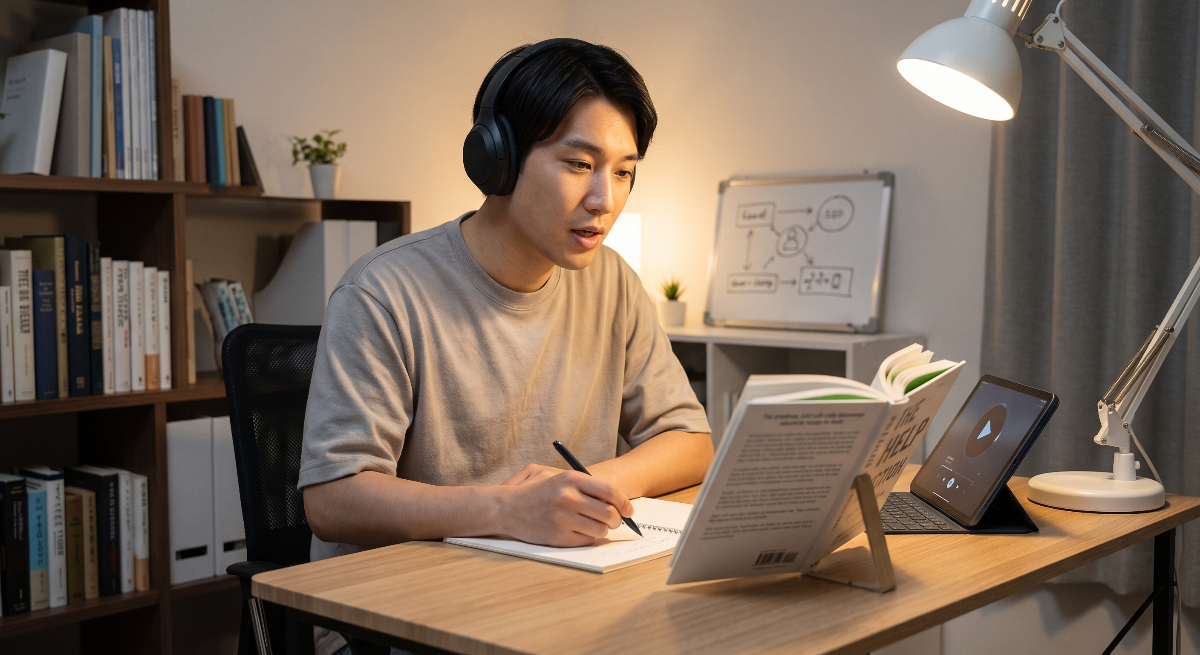 ヘッドホンをつけてオーディブルを聴きながら洋書で英語学習をする男性