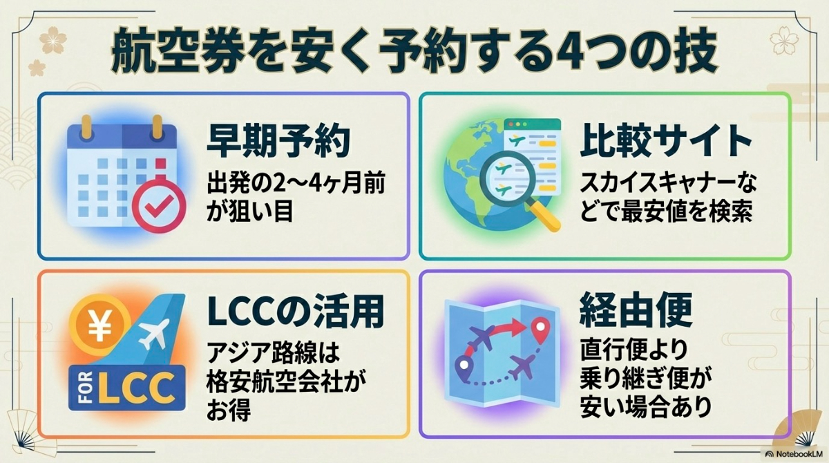 早期予約、LCCの活用、比較サイト、経由便といった航空券を安く予約する4つのテクニック