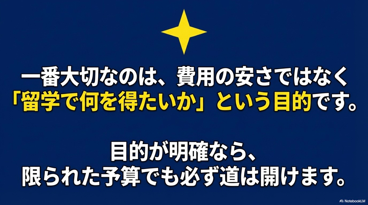 一番大切なのは費用の安さではなく留学で何を得たいかという目的であり、目的が明確なら限られた予算でも道は開けるというメッセージ