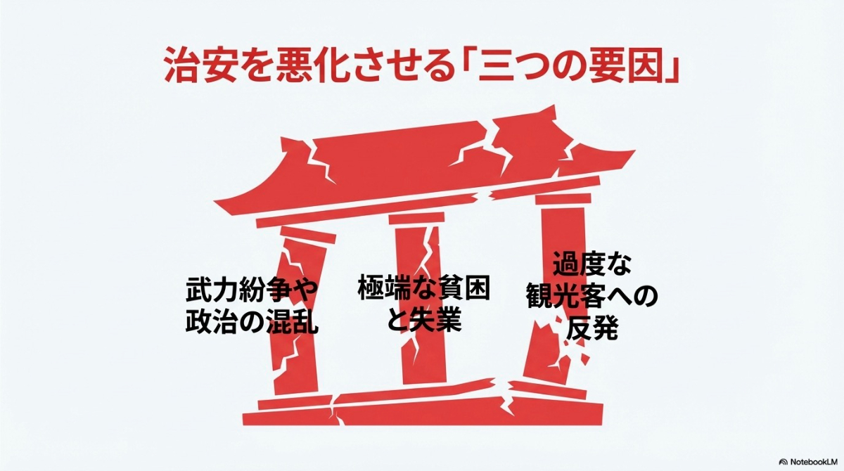 治安を悪化させる主な3つの要因の具体例を表したスライド