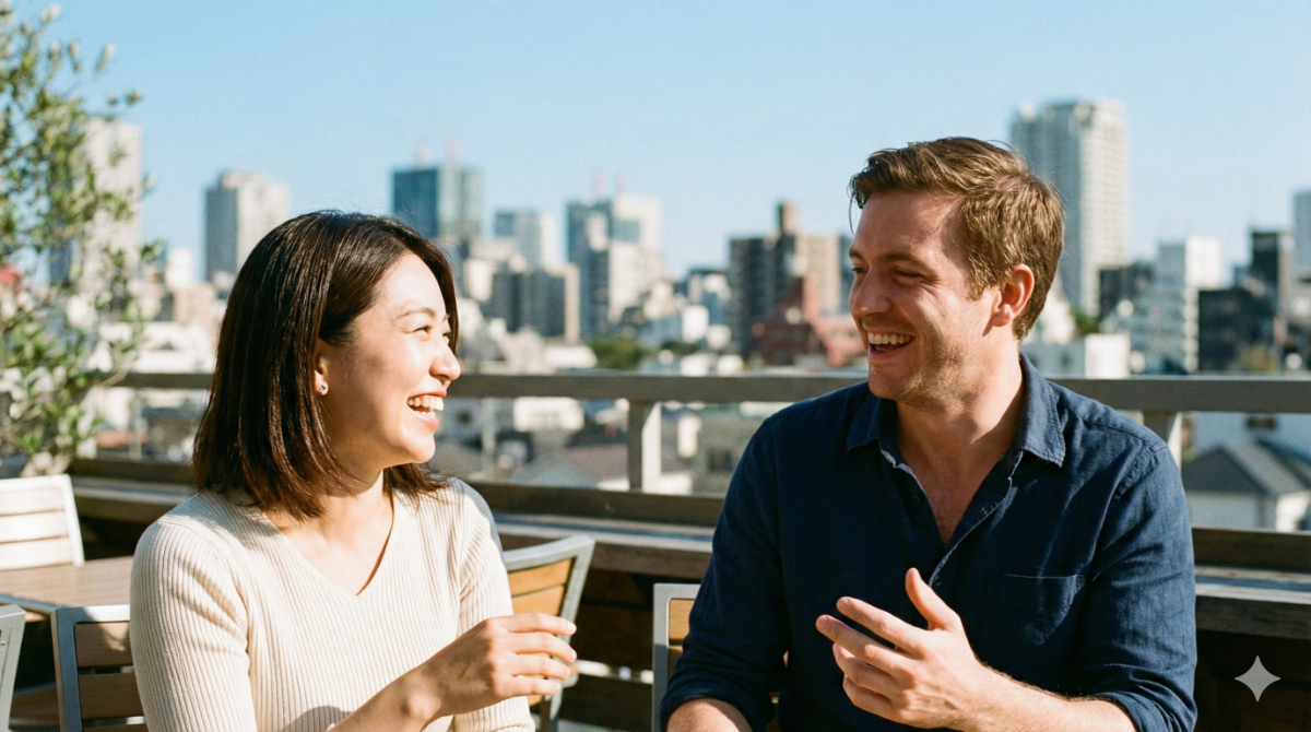 ネイティブの男性と英語でコミュニケーションをとる日本人女性