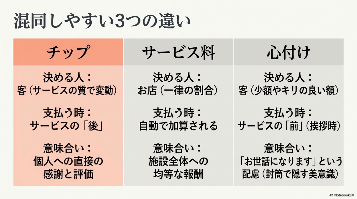 チップ・サービス料・心付けの違いを要約した比較表