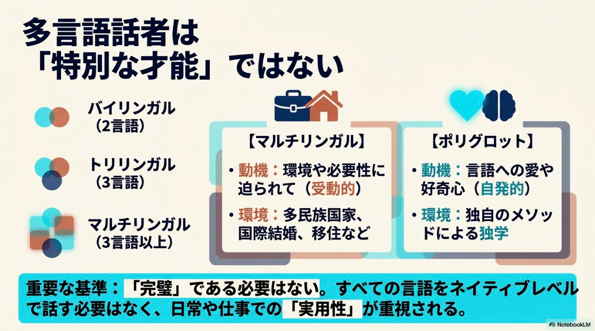 バイリンガル、マルチリンガル、ポリグロットの意味と、動機や環境の違いをまとめた図