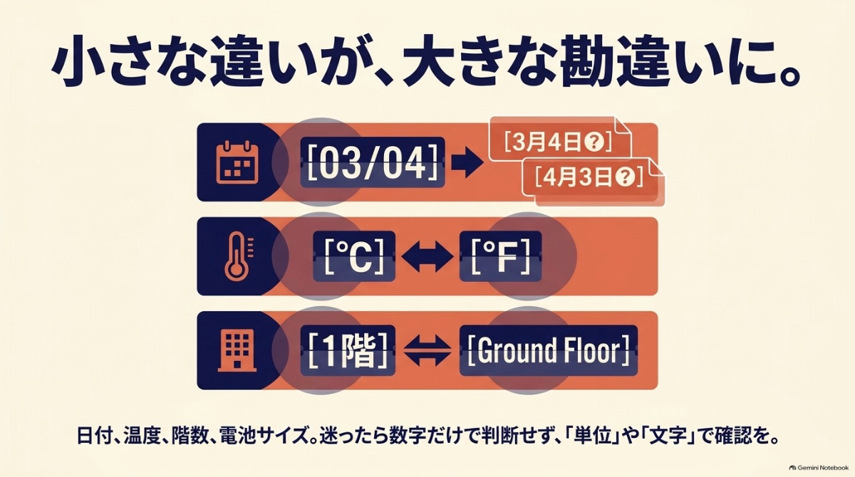 日付、温度、階数、電池サイズなどの小さな違いが大きな勘違いを生むため、迷ったら数字だけで判断せず単位や文字で確認することを推奨する図
