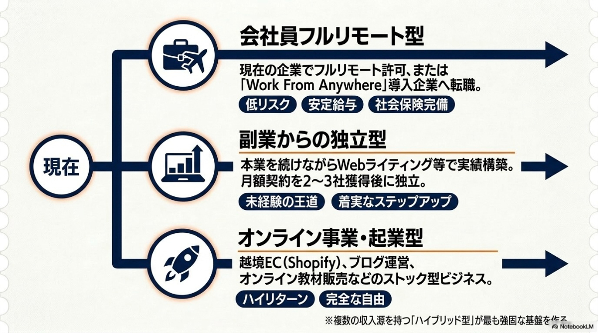 会社員フルリモート型、副業からの独立型、オンライン起業型というデジタルノマドになるための3つのアプローチ