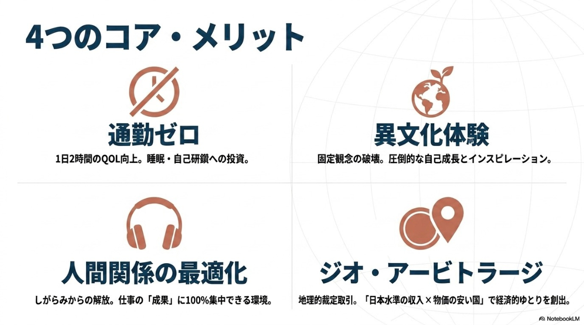 通勤ゼロ、異文化体験、人間関係の最適化、ジオ・アービトラージなどデジタルノマドの主なメリット