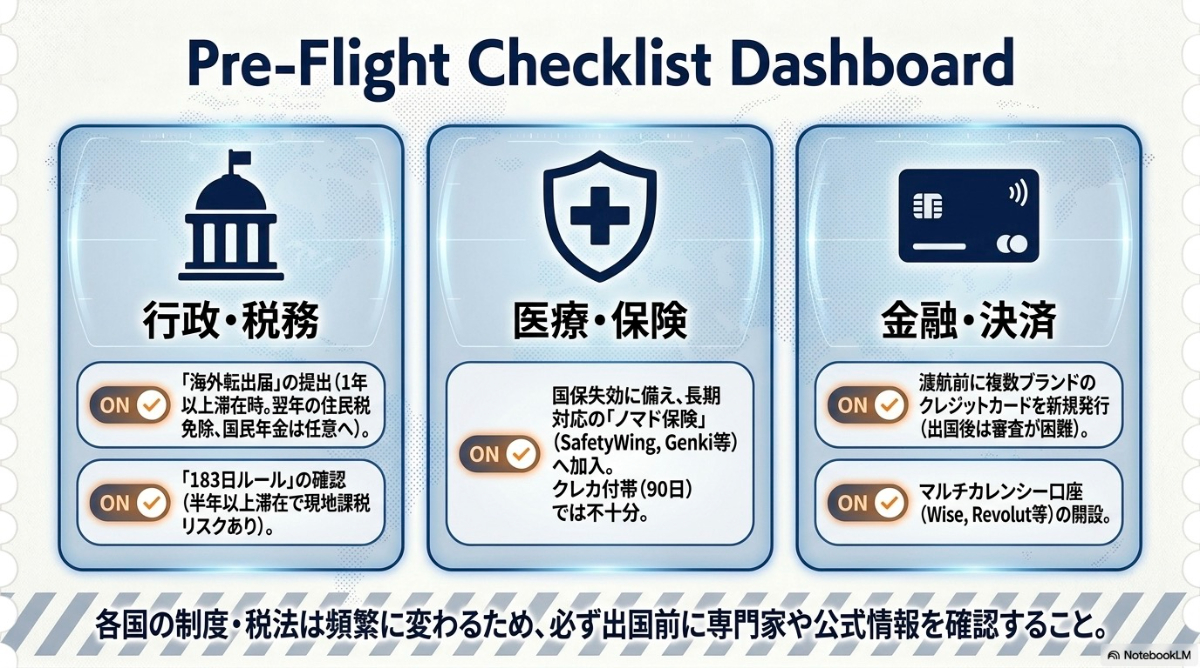 海外転出届、ノマド保険、クレジットカード発行など、海外渡航前に確認すべきチェックリスト