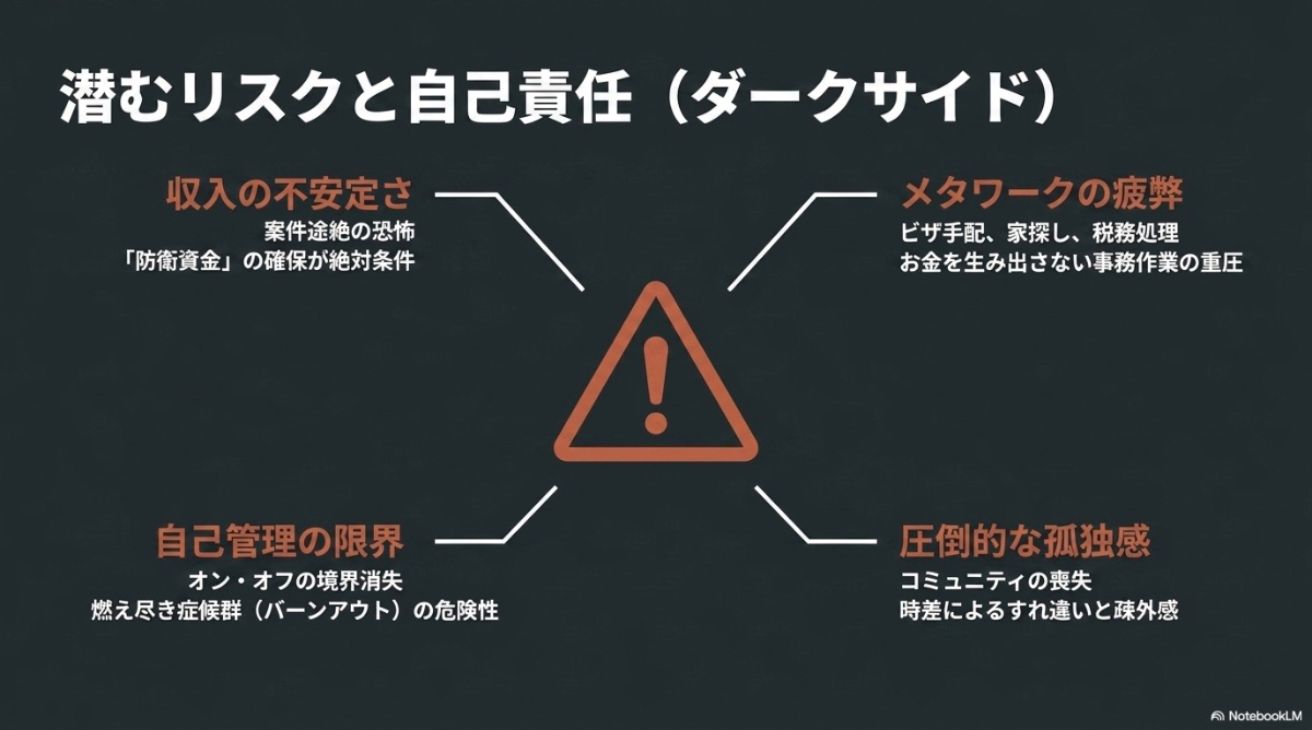 収入の不安定さ、メタワークの疲弊、孤独感、自己管理の限界といったデジタルノマドのデメリットとリスク