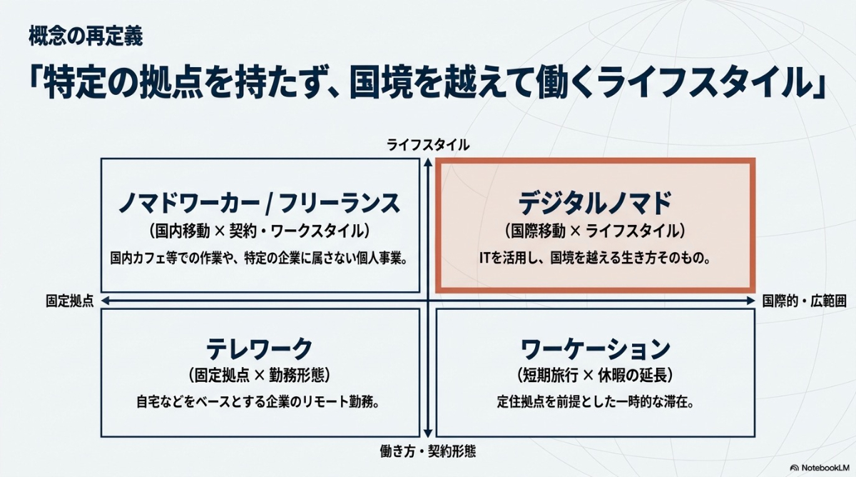 デジタルノマド、フリーランス、テレワーク、ワーケーションにおける形態の違いを図解したマトリクス